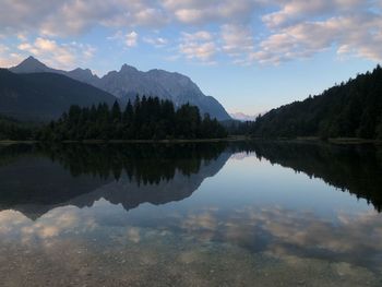 Scenic view of lake and mountains against sky