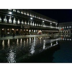 Reflection of built structures in water at night