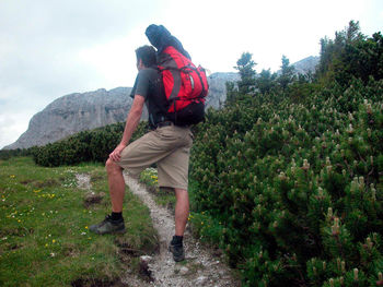Rear view of man standing on mountain against sky