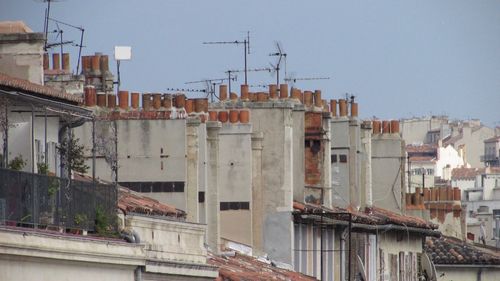 Residential buildings against clear sky