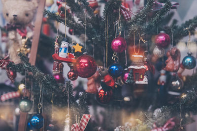 Close-up of christmas decorations on tree