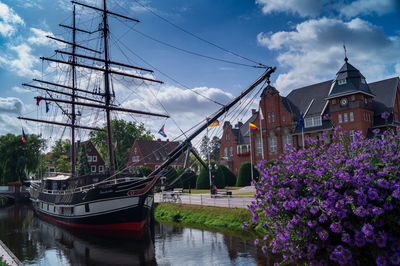 Panoramic shot of canal amidst buildings against sky