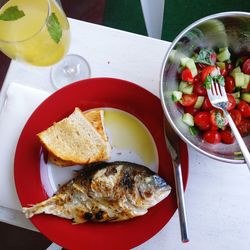 High angle view of breakfast served on table