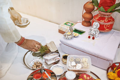 High angle view of people on table