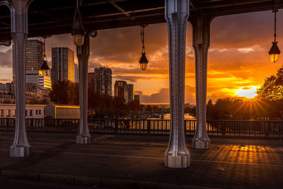 Buildings in city during sunset