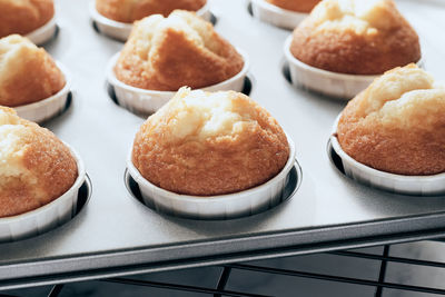 Home made muffins in muffin tray on cooling rack