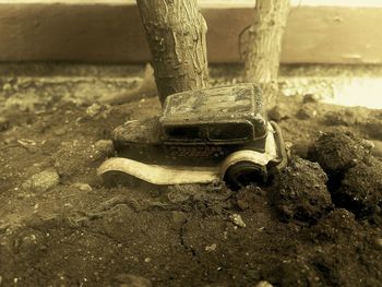 High angle view of abandoned toy on field