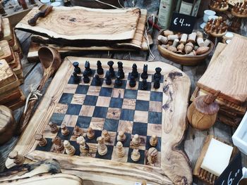 High angle view of chess on table