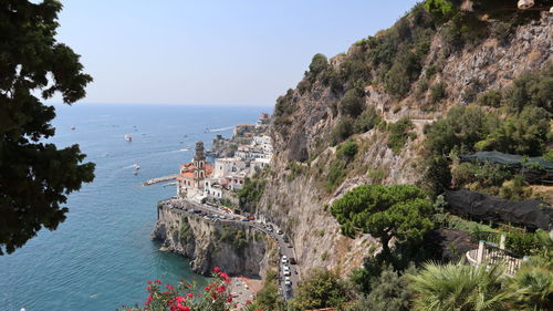 High angle view of sea against clear sky