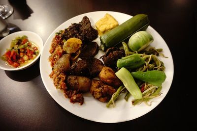 High angle view of salad in plate on table