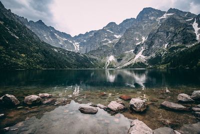 Scenic view of lake by mountains against sky