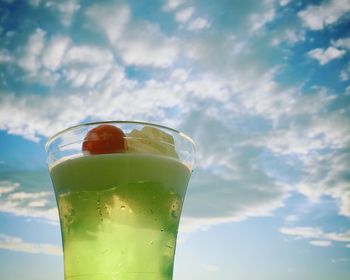 Close-up of drink on ice against sky