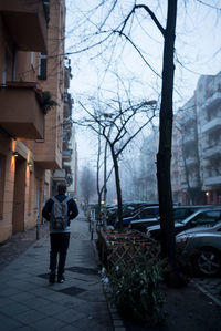 Rear view of man walking on street in city