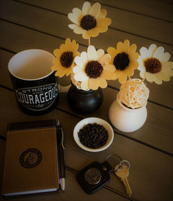 High angle view of various flowers on table