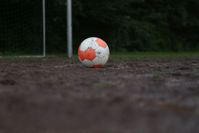 Surface level view of ball on soccer field