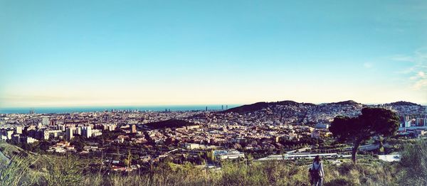 High angle shot of townscape against clear sky