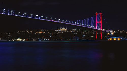 Illuminated bridge over river in city at night