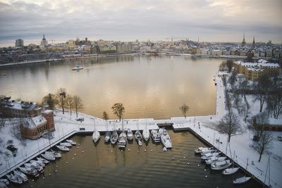 High angle view of boats in harbor