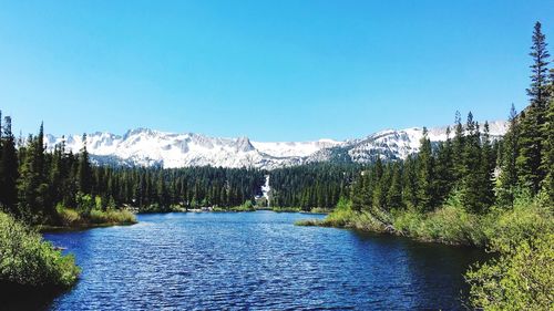 Scenic view of calm river against clear sky