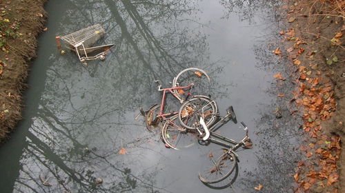 High angle view of bicycle by lake