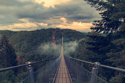 Footbridge over forest against sky