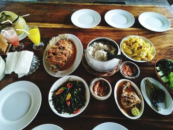 High angle view of meal served on table