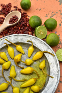 Directly above shot of chili pepper in plate on table