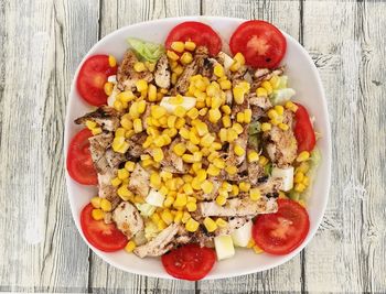 High angle view of breakfast in plate on table