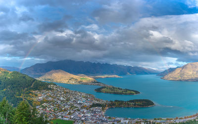 Panoramic view of sea and mountains against sky