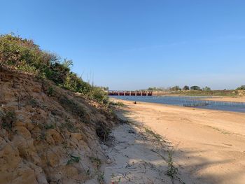 Scenic view of beach against clear blue sky