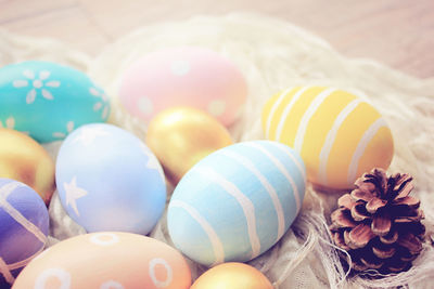 Close-up of multi colored eggs