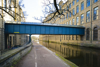 The leeds and liverpool canal passes through the middle of the two mills at saltaire