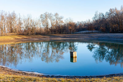 Little lake in the wood with trees reflected on water surface