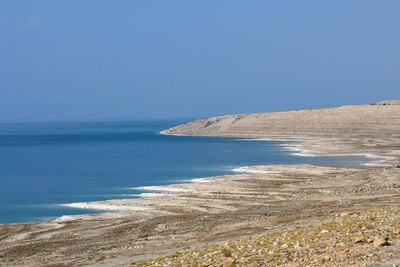 Scenic view of sea against clear blue sky