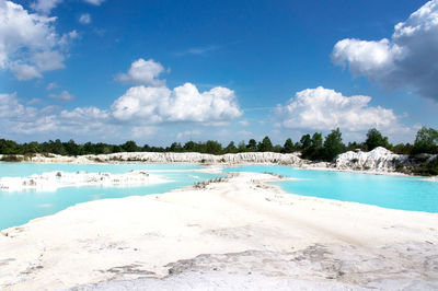 Scenic view of beach against blue sky