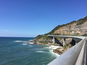 Scenic view of sea against clear blue sky