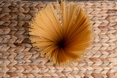 High angle view of yellow flower on table