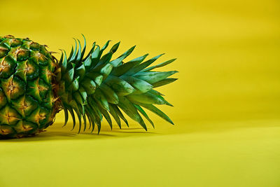 Close-up of banana on table against yellow background