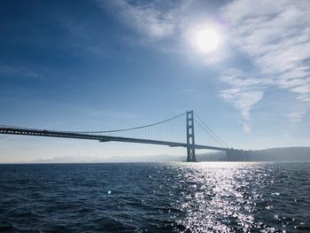 Suspension bridge over sea against sky
