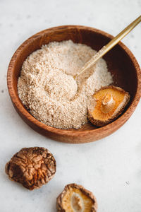 High angle view of bread in bowl on table