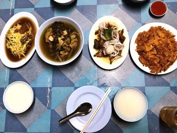 High angle view of breakfast served on table