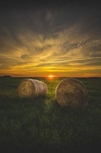 Beautiful wide angle view of rural summer sunset