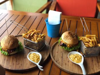 High angle view of food served on table