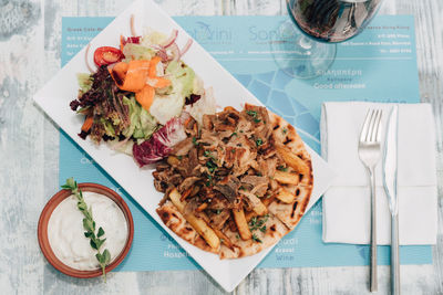 High angle view of food served on table