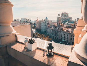 High angle view of buildings against clear sky in city