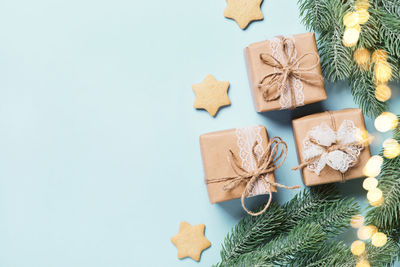 High angle view of christmas decorations on tree against white background