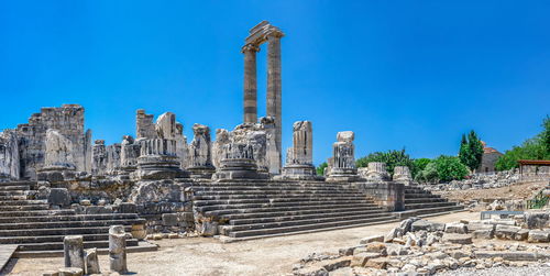 Panoramic view of temple against clear blue sky