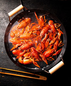 High angle view of seafood on table