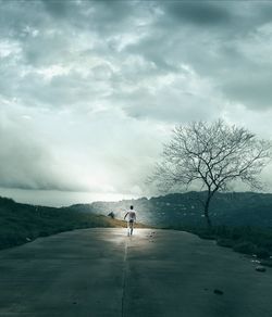 Rear view of walking on mountain against sky