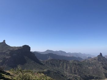 Scenic view of mountains against clear blue sky